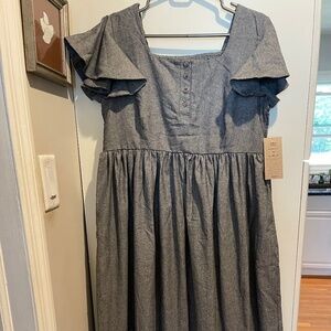 Albion Hailey Maxi Dress Black Chambray Smocked Flutter Sleeve L Cottagecore NWT